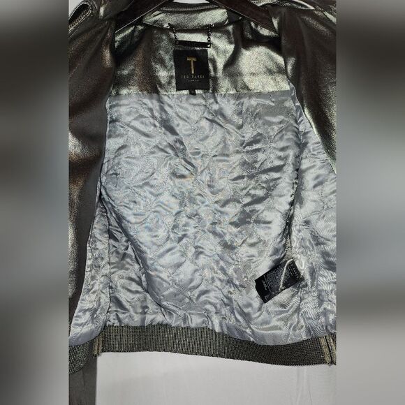 $445 TED BAKER LONDON Women's Metallic Faux Leather Bomber Jacket size 0 - Picture 5 of 12